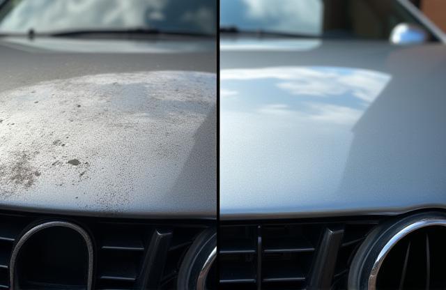 Side-by-side comparison showing a dirty car panel next to a clean, polished panel